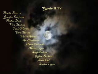 Quadre II / IV
Ainoha Becerra
Jennifer Conforme
AinhoaDíaz
Vera Medina
PaulaMoreno
Sara Muiña
Widad Alaoui
Ana Carbonero
Aaron Cidoncha
Maria López
Sergi Bedoya
Ruben Bothazi
AitorCid
Andrea López
 