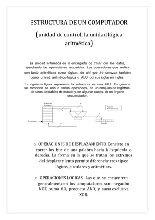 ESTRUCTURA DE UN COMPUTADOR
(unidad de control, la unidad lógica
aritmética)
La unidad aritmética es la encargada de tratar con los datos,
ejecutando las operaciones requeridas. Las operaciones que realiza
son tanto aritméticas como lógicas, de ahí que se conozca también
como unidad aritmético-lógica o ALU por sus siglas en inglés.
La siguiente figura representa la estructura de una ALU. En general
se compone de uno o varios operandos, de un conjunto de registros,
de unos biestables de estado y, en algunos casos, de un órgano
secuenciador.
o OPERACIONES DE DESPLAZAMIENTO. Consiste en
correr los bits de una palabra hacia la izquierda o
derecha. La forma en la que se tratan los extremos
del desplazamiento permite diferenciar tres tipos:
lógicos, circulares y aritméticos.
o OPERACIONES LOGICAS . Las que se encuentran
generalmente en los computadores son: negación
NOT, suma OR, producto AND, y suma exclusiva
XOR.
 