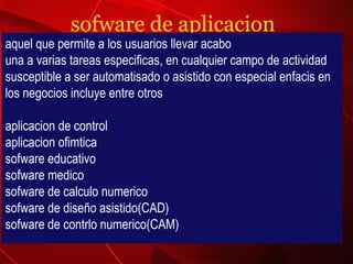 sofware de aplicacion aquel que permite a los usuarios llevar acabo  una a varias tareas especificas, en cualquier campo de actividad susceptible a ser automatisado o asistido con especial enfacis en los negocios incluye entre otros aplicacion de control aplicacion ofimtica sofware educativo sofware medico sofware de calculo numerico sofware de diseño asistido(CAD) sofware de contrlo numerico(CAM) 