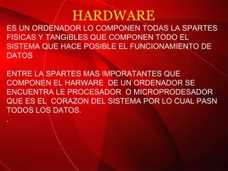 HARDWARE ES UN ORDENADOR LO COMPONEN TODAS LA SPARTES FISICAS Y TANGIBLES QUE COMPONEN TODO EL SISTEMA QUE HACE POSIBLE EL FUNCIONAMIENTO DE DATOS  ENTRE LA SPARTES MAS IMPORATANTES QUE COMPONEN EL HARWARE  DE UN ORDENADOR SE ENCUENTRA LE PROCESADOR  O MICROPRODESADOR QUE ES EL  CORAZON DEL SISTEMA POR LO CUAL PASN TODOS LOS DATOS. . 