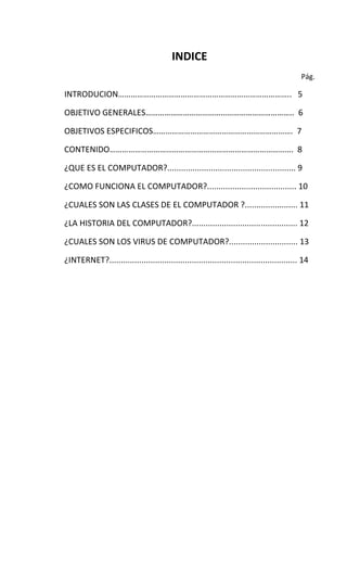 INDICE
                                                                                            Pág.

INTRODUCION……………………………………………………………………….. 5

OBJETIVO GENERALES…………………………………………………………….. 6

OBJETIVOS ESPECIFICOS…………………………………………………………. 7

CONTENIDO……………………………………………………………………………. 8

¿QUE ES EL COMPUTADOR?........................................................ 9

¿COMO FUNCIONA EL COMPUTADOR?....................................... 10

¿CUALES SON LAS CLASES DE EL COMPUTADOR ?....................... 11

¿LA HISTORIA DEL COMPUTADOR?.............................................. 12

¿CUALES SON LOS VIRUS DE COMPUTADOR?.............................. 13

¿INTERNET?.................................................................................. 14
 