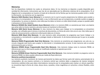 Memorias
Son los dispositivos mediante los cuales se almacenan datos. En las memorias se deposita y queda disponible gran
cantidad de información, instrucciones que han de ser ejecutadas por los diferentes sistemas de la computadora. En el
diagrama de la computadora se muestra al través de la dirección de las flechas que las memorias pueden emitir o recibir
la información. Las memorias son las siguientes:
Memoria RAM (Random Acces Memory) Es la memoria con la cual el usuario proporciona las órdenes para acceder y
programar a la computadora. Es de tipo volátil, o sea, la información que se le proporciona, se pierde cuando se apaga la
computadora. Su acceso es aleatorio, esto indica que los datos no tienen un orden determinado, aunque se pueden pedir
ó almacenar en forma indistinta.
Memoria NVRAM (No Volatil Random Acces Memory) similar a la memoria RAM, se caracteriza por tener una batería
que actúa sobre la misma memoria y de esta manera se mantiene la información.
Memoria SAM (Serial Access Memory). En ésta memoria los datos para trabajar en la computadora se encuentran
seriados, son utilizados para la lectura o escritura de documentos, en forma de serie ó de uno en uno. Esto indica que el
orden de almacenamiento y salida de la información debe ser el mismo.
Memoria ROM (Read Only Memory).- En esta memoria están almacenados los programas que hacen trabajar a la
computadora y normalmente se graban y protegen desde su fabricación. Es de lectura exclusiva por lo que no se puede
escribir en ella.
Memoria PROM (Programmable Read Only Memory).- Esta memoria se caracteriza por programarse una sola vez, su
circuito integrado está hecho para aceptar la información e inmediatamente cerrarse. A esta memoria solo se accede
exclusivamente para su lectura.
Memoria EPROM (Eraser Programmable Read Only Memory).- Esta memoria trabaja como la memoria PROM, se
diferencia por que su información puede ser modificada mediante un aparato que emite
de rayos ultravioleta.
Memoria EEPROM (Eraser Electrical Programmable Read Only Memory).- Esta memoria también se programa como la
memoria PROM, los datos pueden alterarse por medio de flujos eléctricos.
Memorias auxiliares (secundarias)
Las memoria auxiliares mantienen de manera permanente los datos que forman parte del sistema automatizado de la
computadora -de una manera contraria a la memoria central que contiene datos y programas de manera temporal
(memorias volátiles) útiles para datos intermediarios necesarios por la computadora para realizar un cálculo específico-
se encuentran bajo la forma de cintas, discos duros, cassettes, cintas magnéticas en cartuchos o discos flexibles, entre
otras.
 