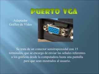 Adaptador
Gráfico de Video




      Se trata de un conector semitrapezoidal con 15
terminales, que se encarga de enviar las señales referentes
  a los gráficos desde la computadora hasta una pantalla
            para que sean mostrados al usuario.
 