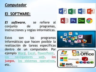 Computador
El SOFTWARE:
El software, se refiere al
conjunto de programas,
instrucciones y reglas informáticas.
Estos son los programas
informáticos que hacen posible la
realización de tareas específicas
dentro de un computador. Por
ejemplo Word, Excel, PowerPoint,
los navegadores web, los
juegos, los sistemas operativos,
etc.
 