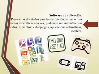 Software de aplicación.
Programas diseñados para la realización de una o más
tareas específicas a la vez, pudiendo ser automáticos o
asistidos. Ejemplos: videojuegos, aplicaciones ofimáticas,
etcétera.
 