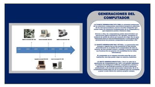 LA CUARTA GENERACION(1978-1988) :La paulatina integración
de los anteriores componentes electrónicos propició la aparición
de los microprocesadores: nuevos circuitos integrados que
reúnen todos los elementos fundamentales de la computadora y
que empezaron pronto a llamarse chips.
Gracias a ellos, las computadoras podían descentralizar sus
operaciones lógico-aritméticas. Por ejemplo, reemplazar la
memoria de anillos de silicio por memoria de chips, fue un paso
importante hacia la microcomputarización. A esta generación
pertenecieron las primeras computadoras personales o PC.
LA QUINTA GENERACION(1983- ACTUAL) : La generación más
reciente y vigente hoy en día, presenció la más enorme
diversificación en el ámbito de la computadora de toda su
historia. Se hizo portátil, liviana y cómoda, e incluso expandió
sus fronteras de uso gracias a la posibilidad de las redes
informáticas.
El computador ya ni siquiera necesita estar fijo en una
habitación, sino que puede viajar en nuestros maletines.
LA SEXTA GENERACION(ACTUAL) : Poco se sabe de la
generación de computadores por venir. Los grandes adelantos
en materia de inteligencia artificial, computación cuántica y
algoritmos de aprendizaje prometen un futuro altamente
automatizado y de enormes potenciales industriales. En él la
computadora puede dejar de ser un artefacto que nos acompaña
y pasar a estar dentro de nuestros propios cuerpos.
GENERACIONES DEL
COMPUTADOR
 