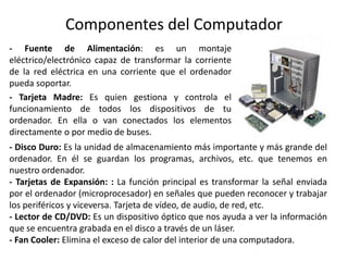 Componentes del Computador
- Fuente de Alimentación: es un montaje
eléctrico/electrónico capaz de transformar la corriente
de la red eléctrica en una corriente que el ordenador
pueda soportar.
- Tarjeta Madre: Es quien gestiona y controla el
funcionamiento de todos los dispositivos de tu
ordenador. En ella o van conectados los elementos
directamente o por medio de buses.
- Disco Duro: Es la unidad de almacenamiento más importante y más grande del
ordenador. En él se guardan los programas, archivos, etc. que tenemos en
nuestro ordenador.
- Tarjetas de Expansión: : La función principal es transformar la señal enviada
por el ordenador (microprocesador) en señales que pueden reconocer y trabajar
los periféricos y viceversa. Tarjeta de vídeo, de audio, de red, etc.
- Lector de CD/DVD: Es un dispositivo óptico que nos ayuda a ver la información
que se encuentra grabada en el disco a través de un láser.
- Fan Cooler: Elimina el exceso de calor del interior de una computadora.
 