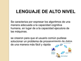 LENGUAJE DE ALTO NIVEL

Se caracteriza por expresar los algoritmos de una
manera adecuada a la capacidad cognitiva
humana, en lugar de a la capacidad ejecutora de
las máquinas.

se crearon para que el usuario común pudiese
solucionar un problema de procesamiento de datos
de una manera más fácil y rápida.
 