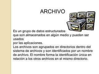 ARCHIVO


Es un grupo de datos estructurados
que son almacenados en algún medio y pueden ser
usados
por las aplicaciones.
Los archivos son agrupados en directorios dentro del
sistema de archivos y son identificados por un nombre
de archivo. El nombre forma la identificación única en
relación a los otros archivos en el mismo directorio.
 