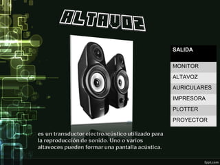 SALIDA
MONITOR
ALTAVOZ
AURICULARES
IMPRESORA
PLOTTER
PROYECTOR
 