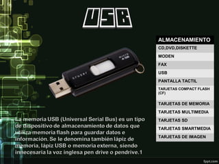 ALMACENAMIENTO
CD,DVD,DISKETTE
MODEN
FAX
USB
PANTALLA TACTIL
TARJETAS COMPACT FLASH
(CF)
TARJETAS DE MEMORIA
TARJETAS MULTIMEDIA
TARJETAS SD
TARJETAS SMARTMEDIA
TARJETAS DE IMAGEN
 