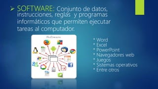  SOFTWARE: Conjunto de datos,
instrucciones, reglas y programas
informáticos que permiten ejecutar
tareas al computador.
* Word
* Excel
* PowerPoint
* Navegadores web
* Juegos
* Sistemas operativos
* Entre otros
 