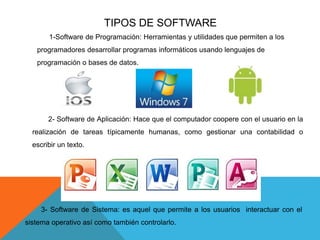 TIPOS DE SOFTWARE
1-Software de Programación: Herramientas y utilidades que permiten a los
programadores desarrollar programas informáticos usando lenguajes de
programación o bases de datos.
2- Software de Aplicación: Hace que el computador coopere con el usuario en la
realización de tareas típicamente humanas, como gestionar una contabilidad o
escribir un texto.
3- Software de Sistema: es aquel que permite a los usuarios interactuar con el
sistema operativo así como también controlarlo.
 