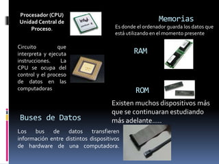 Memorias
Procesador (CPU)
Unidad Central de
Proceso.
Circuito que
interpreta y ejecuta
instrucciones. La
CPU se ocupa del
control y el proceso
de datos en las
computadoras
RAM
ROM
Buses de Datos
Es donde el ordenador guarda los datos que
está utilizando en el momento presente
Los bus de datos transfieren
información entre distintos dispositivos
de hardware de una computadora.
Existen muchos dispositivos más
que se continuaran estudiando
más adelante…..
 