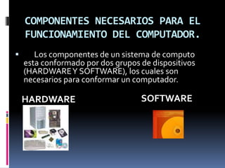 COMPONENTES NECESARIOS PARA EL
FUNCIONAMIENTO DEL COMPUTADOR.
 Los componentes de un sistema de computo
esta conformado por dos grupos de dispositivos
(HARDWAREY SOFTWARE), los cuales son
necesarios para conformar un computador.
HARDWARE SOFTWARE
 