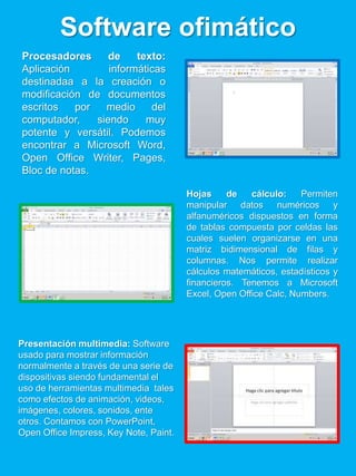 Software ofimático
Procesadores de texto:
Aplicación informáticas
destinadaa a la creación o
modificación de documentos
escritos por medio del
computador, siendo muy
potente y versátil. Podemos
encontrar a Microsoft Word,
Open Office Writer, Pages,
Bloc de notas.
Presentación multimedia: Software
usado para mostrar información
normalmente a través de una serie de
dispositivas siendo fundamental el
uso de herramientas multimedia tales
como efectos de animación, videos,
imágenes, colores, sonidos, ente
otros. Contamos con PowerPoint,
Open Office Impress, Key Note, Paint.
Hojas de cálculo: Permiten
manipular datos numéricos y
alfanuméricos dispuestos en forma
de tablas compuesta por celdas las
cuales suelen organizarse en una
matriz bidimensional de filas y
columnas. Nos permite realizar
cálculos matemáticos, estadísticos y
financieros. Tenemos a Microsoft
Excel, Open Office Calc, Numbers.
 