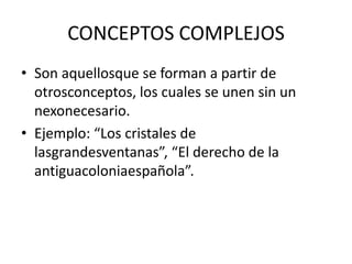 CONCEPTOS SINGULARES O INDIVIDUALESEste tipo de conceptos se refiere a un ser oindividuoconcretoo singular.Ejemplo: Norma jurídicadominicana, RepúblicaDominicana, Juan Pablo Duarte.