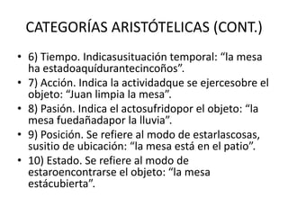 LAS CATEGORÍAS O PREDICAMENTOSConceptosvinculados a los predicables, consisten en la determinación de un término en símismo, de maneraindependiente.Consideran la cosa en símismay no en lo que hay de ella en la mentey en suintención.Mientras los predicableses un tema de la lógica, lascategorías se extiende al campo de la metafísicay de la ontología.Denotan los conceptosonotasque se predican de muchosobjetos.