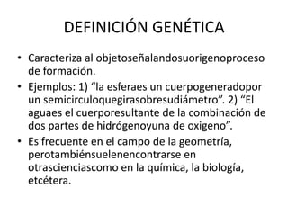 ELEMENTOS DE LA DEFINICIÓNToda definiciónconsta de los elementos:A) Definiendum. Es el objetoocosaquevamos a definir.B) Definiens. Es lo quedecimosoexpresamos del definiendum, la definiciónpropiamentedicha.Porejemplo: En la definición, “la normaes la reglaque prescribe un deber”, el término “norma” es el definiendumy “reglaque prescribe un deber” es el definiens.