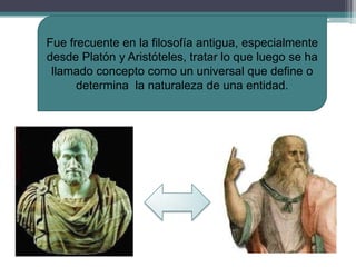 Fue frecuente en la filosofía antigua, especialmente
desde Platón y Aristóteles, tratar lo que luego se ha
 llamado concepto como un universal que define o
      determina la naturaleza de una entidad.
 