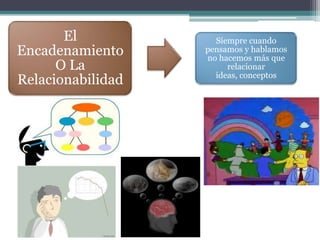 El            Siempre cuando
Encadenamiento     pensamos y hablamos
                   no hacemos más que
      O La              relacionar
                     ideas, conceptos
Relacionabilidad
 