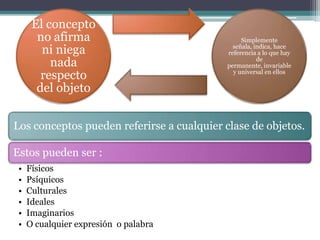 El concepto
       no afirma                                 Simplemente
        ni niega                              señala, indica, hace
                                            referencia a lo que hay
          nada                                         de
                                            permanente, invariable
        respecto                              y universal en ellos

       del objeto


Los conceptos pueden referirse a cualquier clase de objetos.

Estos pueden ser :
 •   Físicos
 •   Psíquicos
 •   Culturales
 •   Ideales
 •   Imaginarios
 •   O cualquier expresión o palabra
 