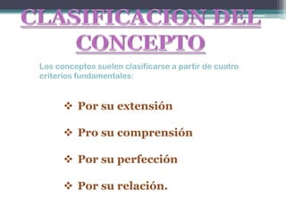 Los conceptos suelen clasificarse a partir de cuatro
criterios fundamentales:


       Por su extensión

       Pro su comprensión

       Por su perfección

       Por su relación.
 