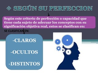 Según este criterio de perfección o capacidad que
tiene cada sujeto de adecuar los conceptos con su
significación objetiva real, estos se clasifican en:
SE CLASIFICAN EN:


     -CLAROS

    -OCULTOS

  -DISTINTOS
 