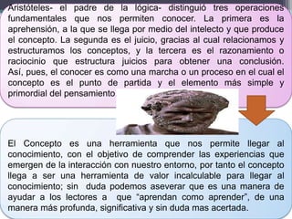 Aristóteles- el padre de la lógica- distinguió tres operaciones
fundamentales que nos permiten conocer. La primera es la
aprehensión, a la que se llega por medio del intelecto y que produce
el concepto. La segunda es el juicio, gracias al cual relacionamos y
estructuramos los conceptos, y la tercera es el razonamiento o
raciocinio que estructura juicios para obtener una conclusión.
Así, pues, el conocer es como una marcha o un proceso en el cual el
concepto es el punto de partida y el elemento más simple y
primordial del pensamiento.




El Concepto es una herramienta que nos permite llegar al
conocimiento, con el objetivo de comprender las experiencias que
emergen de la interacción con nuestro entorno, por tanto el concepto
llega a ser una herramienta de valor incalculable para llegar al
conocimiento; sin duda podemos aseverar que es una manera de
ayudar a los lectores a que “aprendan como aprender”, de una
manera más profunda, significativa y sin duda mas acertada.
 