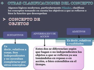 Algunos lógicos modernos, particularmente Pfänder, clasifican
   los conceptos tomando en cuenta los objetivos a que se refieren o
   bien la función que desempeñan




                                                        ADJETIVOS
                        ADVERBIALES Y DE
  SUSTANTIVOS
                            ACCION
                                                   Es decir, relativos
                                                   a cualidades
Es
decir, relativos a       Estos dos se diferencian según
cosas. Son               que hagan o no independientes los
independientes           objetos a que se refieren ya sea
y no necesitan           tomándolos en reposo o en
completarse por          acción, o bien extendidos en el
otros conceptos.         tiempo.
 