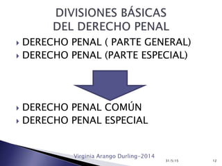  DERECHO PENAL ( PARTE GENERAL)
 DERECHO PENAL (PARTE ESPECIAL)
 DERECHO PENAL COMÚN
 DERECHO PENAL ESPECIAL
31/5/15 12
Virginia Arango Durling-2014
 