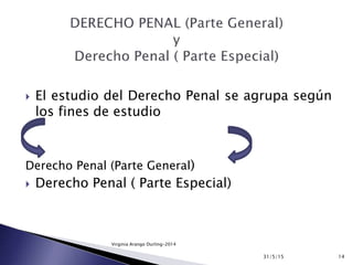  El estudio del Derecho Penal se agrupa según
los fines de estudio
Derecho Penal (Parte General)
 Derecho Penal ( Parte Especial)
31/5/15 14
Virginia Arango Durling-2014
 