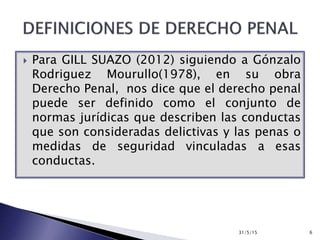  Para GILL SUAZO (2012) siguiendo a Gónzalo
Rodriguez Mourullo(1978), en su obra
Derecho Penal, nos dice que el derecho penal
puede ser definido como el conjunto de
normas jurídicas que describen las conductas
que son consideradas delictivas y las penas o
medidas de seguridad vinculadas a esas
conductas.
31/5/15 6
 