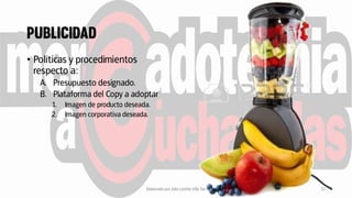 • Políticas y procedimientos
respecto a:
A. Presupuesto designado.
B. Plataforma del Copy a adoptar
1. Imagen de producto deseada.
2. Imagen corporativa deseada.
Elaborado por Julia Lizette Villa Tun 12
 