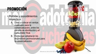 • Políticas y procedimientos
respecto a:
A. Lotes a colocar en ventas
especiales para la
comercialización, entre los
canales de distribución y el
consumidor final.
B. Forma que adoptarán los
dispositivos promocionales para
la comercialización.
Elaborado por Julia Lizette Villa Tun 14
 