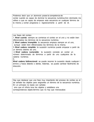 Podemos decir que un alumno/a posee la competencia de
contar cuando es capaz de dominar la secuencia numérica.Con dominarla me
refiero a que es capaz de empezar esta secuencia en cualquier término de
la misma y contar progresiva o  regresivamente  a  partir  de  él. 

Las fases del conteo: 
1. Nivel cuerda: siempre se comienza el conteo en el uno y no están bien 
diferenciados los términos de la secuencia numérica. 
2. Nivel cadena irrompible: la secuencia empieza siempre en el uno,
 aunque  están bien diferenciados los términos de la misma. 
3. Nivel cadena rompible: la sucesión numérica puede empezar a partir de 
un término distinto de uno. 
4. Nivel  cadena  numerable:   la  sucesión  consiste  en  contar  un 
número  determinado  de  términos  a  partir  de  uno  cualquiera  de  la 
cadena  numérica. 
5.
Nivel cadena bidireccional: se puede recorrer la sucesión desde cualquier t
érmino y hacia delante o detrás. Además,  se puede cambiar fácilmente de 
dirección. 

Hay que destacar que una fase muy importante del proceso de conteo es el
de señalar los objetos para asignarles un término de la secuencia numérica. 
En un principio no basta con señalar,
 sino que el niño/a toca los objetos y establece una 
correspondencia objeto‐término que no hay que menoscabar.

 