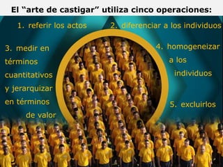 El “arte de castigar” utiliza cinco operaciones:
1. referir los actos 2. diferenciar a los individuos
4. homogeneizar
a los
individuos
5. excluirlos
3. medir en
términos
cuantitativos
y jerarquizar
en términos
de valor
 