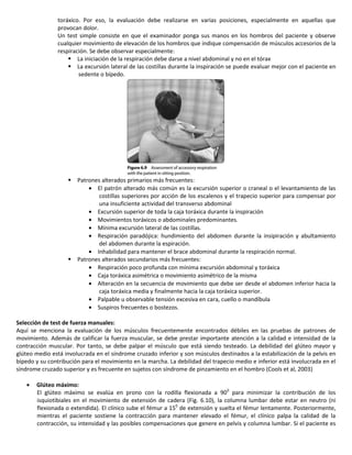 toráxico. Por eso, la evaluación debe realizarse en varias posiciones, especialmente en aquellas que provocan dolor. 
Un test simple consiste en que el examinador ponga sus manos en los hombros del paciente y observe cualquier movimiento de elevación de los hombros que indique compensación de músculos accesorios de la respiración. Se debe observar especialmente: 
 La iniciación de la respiración debe darse a nivel abdominal y no en el tórax 
 La excursión lateral de las costillas durante la inspiración se puede evaluar mejor con el paciente en sedente o bípedo. 
 Patrones alterados primarios más frecuentes: El patrón alterado más común es la excursión superior o craneal o el levantamiento de las costillas superiores por acción de los escalenos y el trapecio superior para compensar por una insuficiente actividad del transverso abdominal Excursión superior de toda la caja toráxica durante la inspiración Movimientos toráxicos o abdominales predominantes. Mínima excursión lateral de las costillas. Respiración paradójica: hundimiento del abdomen durante la insipiración y abultamiento del abdomen durante la espiración. Inhabilidad para mantener el brace abdominal durante la respiración normal. 
 Patrones alterados secundarios más frecuentes: Respiración poco profunda con mínima excursión abdominal y toráxica Caja toráxica asimétrica o movimiento asimétrico de la misma Alteración en la secuencia de movimiento que debe ser desde el abdomen inferior hacia la caja toráxica media y finalmente hacia la caja toráxica superior. Palpable u observable tensión excesiva en cara, cuello o mandíbula Suspiros frecuentes o bostezos. 
Selección de test de fuerza manuales: 
Aquí se menciona la evaluación de los músculos frecuentemente encontrados débiles en las pruebas de patrones de movimiento. Además de calificar la fuerza muscular, se debe prestar importante atención a la calidad e intensidad de la contracción muscular. Por tanto, se debe palpar el músculo que está siendo testeado. La debilidad del glúteo mayor y glúteo medio está involucrada en el síndrome cruzado inferior y son músculos destinados a la estabilización de la pelvis en bípedo y su contribución para el movimiento en la marcha. La debilidad del trapecio medio e inferior está involucrada en el síndrome cruzado superior y es frecuente en sujetos con síndrome de pinzamiento en el hombro (Cools et al, 2003) 
Glúteo máximo: 
El glúteo máximo se evalúa en prono con la rodilla flexionada a 900 para minimizar la contribución de los isquiotibiales en el movimiento de extensión de cadera (Fig. 6.10), la columna lumbar debe estar en neutro (ni flexionada o extendida). El clínico sube el fémur a 150 de extensión y suelta el fémur lentamente. Posteriormente, mientras el paciente sostiene la contracción para mantener elevado el fémur, el clínico palpa la calidad de la contracción, su intensidad y las posibles compensaciones que genere en pelvis y columna lumbar. Si el paciente es  
