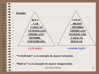Ariel Charry Morales 18
• Ejemplo:
• BOLI- VERTE-
• VAR BRADO
• CARACAS HOMBRE
• VENEZOLANO AMERICANO
• AMERICANO VENEZOLANO
• HOMBRE CARACAS
• VERTEBRADO BOLIVAR
• EXTENSIÓN COMPRENSIÓN
• “Vertebrado” es el concepto de mayor extensión.
• “Bolívar” es el concepto de mayor comprensión.
 