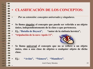 Ariel Charry Morales 19
• CLASIFICACIÓN DE LOS CONCEPTOS:
• Por su extensión: conceptos universales y singulares.
• Se llama singular el concepto que puede ser referido a un objeto
único, independientemente de la clase a que pertenezca.
• Ej., “Batalla de Boyacá”, “autor de la sinfonía heroica”,
• “tripulación de la nave Apolo 11”.
• Se llama universal el concepto que no se refiere a un objeto
único, sino a una clase de objetos o cualquier objeto de dicha
clase.
• Ej.: “Avión”, “Número”, “Mamífero”.
•
 