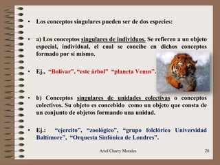 Ariel Charry Morales 20
• Los conceptos singulares pueden ser de dos especies:
• a) Los conceptos singulares de individuos. Se refieren a un objeto
especial, individual, el cual se concibe en dichos conceptos
formado por sí mismo.
• Ej., “Bolívar”, “este árbol” “planeta Venus”.
• b) Conceptos singulares de unidades colectivas o conceptos
colectivos. Su objeto es concebido como un objeto que consta de
un conjunto de objetos formando una unidad.
• Ej.: “ejercito”, “zoológico”, “grupo folclórico Universidad
Baltimore”, “Orquesta Sinfónica de Londres”.
 