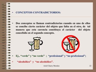 Ariel Charry Morales 22
• CONCEPTOS CONTRADICTORIOS:
• Dos conceptos se llaman contradictorios cuando en uno de ellos
se concibe cierto carácter del objeto que falta en el otro, de tal
manera que esta carencia constituya el carácter del objeto
concebido en el segundo concepto.
• Ej., “verde” y “no verde” ; “profesional” y “no profesional”;
• “alcohólico” y “no alcohólico”.
 