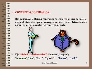 Ariel Charry Morales 23
• CONCEPTOS CONTRARIOS:
• Dos conceptos se llaman contrarios cuando con el uno no sólo se
niega al otro, sino que el concepto negador posee determinadas
notas contrapuestas a las del concepto negado.
• Ej.: “Salud” , “enfermedad”; “blanco”, “negro”;
• “hermoso”, “feo”; “flaco”, “gordo”; “bueno”, “malo”.
 