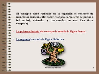 Ariel Charry Morales 6
El concepto como resultado de la cognición es conjunto de
numerosos conocimientos sobre el objeto (larga serie de juicios e
inferencias), obtenidos y condensados en una idea (idea
compleja).
• La primera función del concepto la estudia la lógica formal.
• La segunda la estudia la lógica dialéctica.
 