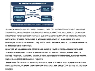 SE COMIENZA CON DIFERENTES ESBOZOS O CROQUIS EN 2D Y 3D, HASTA IR CONCRETIZANDO UNA O MAS
ALTERNATIVAS, LA ELEGIDA SE LA VA PLANTEANDO A NIVEL FORMAL, FUNCIONAL, ESPACIAL (DE MANERA
INTEGRADA) Y VIENDO COMO ESA PROPUESTA QUE ESTA NACIENDO CUMPLIRÁ LAS DIFERENTES PREMISAS
NO TIENE QUE SER ALGO CAPRICHOSO, SI NOMAS BIEN RESULTADO DEL ANALISIS DEL SITIO Y DEL
USUARIO, DE INTEGRACIÓN AL CONTEXTO (CIUDAD, MEDIO AMBIENTE, PAISAJE, CULTURA) Y TAMBIEN DE
LA INSPIRACION DEL PROYECTISTA
EL PARTIDO NO SOLO ES FORMAL, COMO SE DICE QUE ES EL PUNTO DE PARTIDA DEL PROYECTO, ESTE
TIENE QUE SER INTEGRAL, ES DECIR PLANTEAR ADEMAS DEL PARTIDO FORMAL, SE PLANTEARA UN
PARTIDO FUNCIONAL, AMBIENTAL, ESPACIAL Y TENOLOGICO DEL FUTURO PROYECTO, PUDIENDO PRIMAR
UNO DE ELLOS COMO IDENTIDAD DEL PROYECTO
A CONTINUACIÓN DIFERENTES MANERAS DE BASARSE PARA REALIZAR EL PARTIDO, DONDE EN ALGUNO
PRIMA LO FORMAL, DE BASAN EN LA METAFORA O ANALOGIA Y EN OTROS CASOS ES MAS BASADO EN LA
FUNCION:
 