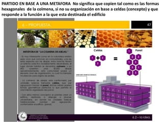 PARTIDO EN BASE A UNA METAFORA No significa que copien tal como es las formas
hexagonales de la colmena, si no su organización en base a celdas (concepto) y que
responde a la función a la que esta destinada el edificio
 
