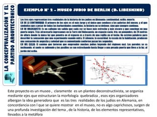Este proyecto es un museo , claramente es un planteo deconstructivista, se organiza
mediante ejes que estructuran la morfología quebradiza , esos ejes organizadores
albergan la idea generadora que es las tres realidades de los judíos en Alemania, en
concordancia con l que se quiere mostrar en el museo, no es algo caprichosos, surgen de
una profunda investigación del tema , de la historia, de los elementos representativos,
llevados a la metáfora
 