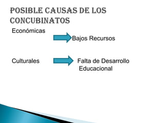 Económicas
Bajos Recursos
Culturales Falta de Desarrollo
Educacional
 