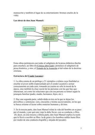 manuscrito y también el lugar de su enterramiento: bromas crueles de la
vida).

Las obras de don Juan Manuel:




Estas obras pertenecen casi todas al subgénero de la prosa didáctica (hecha
para enseñar), un libro (la Crónica abreviada), pertenece al subgénero de
prosa histórica, y otro, el Tratado de la Asunción al del relato de la doctrina
cristiana.

Estructura del Conde Lucanor:

1. La obra consta de un prólogo y 51 ejemplos o relatos cuya finalidad es
enseñar al joven noble (representado por el conde Lucanor) a actuar
correctamente en cada caso, tomando en cuenta no sólo la moral de la
época, sino también la clase social de las personas con las que hay que
interactuar, así como las relaciones que con esa persona se tienen según la
jerarquía familiar (padre, madre, hermanos, hijos, etc.).

2. Hay una segunda parte, subdividida en tres en la que se dejan los
proverbios y sentencias: cien, cincuenta y treinta sucesivamente, en las que
se busca orientar al lector sobre materias humanas y divinas.

3. En la tercera parte, don Juan Manuel relata la vida del hombre en su paso
por el mundo, y por qué este viaje lo debe llevar, con su conducta, a Dios.
 (Es decir, en esta tercera y última parte, don Juan Manuel explica la razón
que le llevó a escribir su libro: la de guiar a los hombres nobles hasta Dios
por medio de una conducta elogiable y alejada del pecado).


                                                                              3
 