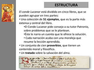 ESTRUCTURA
El conde Lucanor está dividido en cinco libros, que se
pueden agrupar en tres partes:
• Una colección de 51 ejemplos, que es la parte más
extensa y central del libro.
    •El Conde Lucanor pide consejo a su tutor Patronio,
    sobre problemas que se le plantean.
    •Éste le narra un cuento que le ofrece la solución.
    • Cada narración acaba con una moraleja que
    resume la lección aprendida.
• Un conjunto de cien proverbios, que tienen un
contenido moral y filosófico.
• Un tratado sobre la salvación del alma.
 